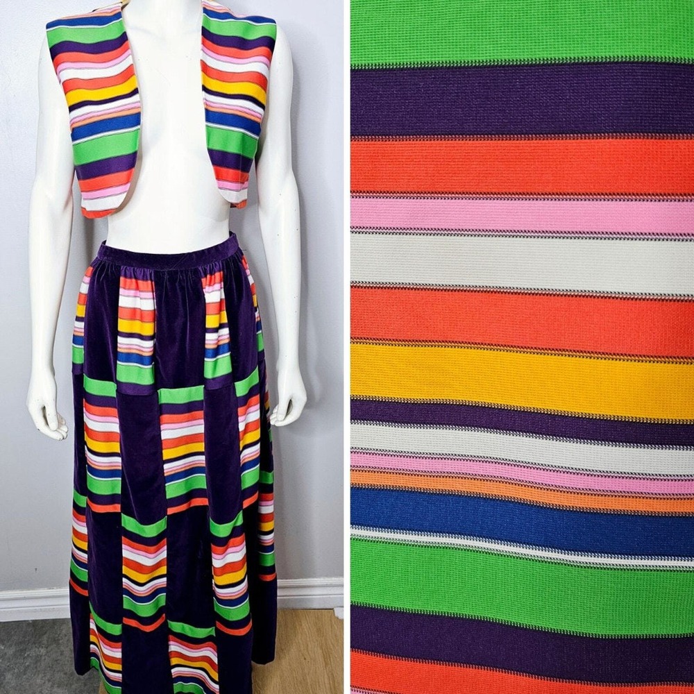 Vintage 1970s Rainbow Patchwork Velvet Skirt and Vest